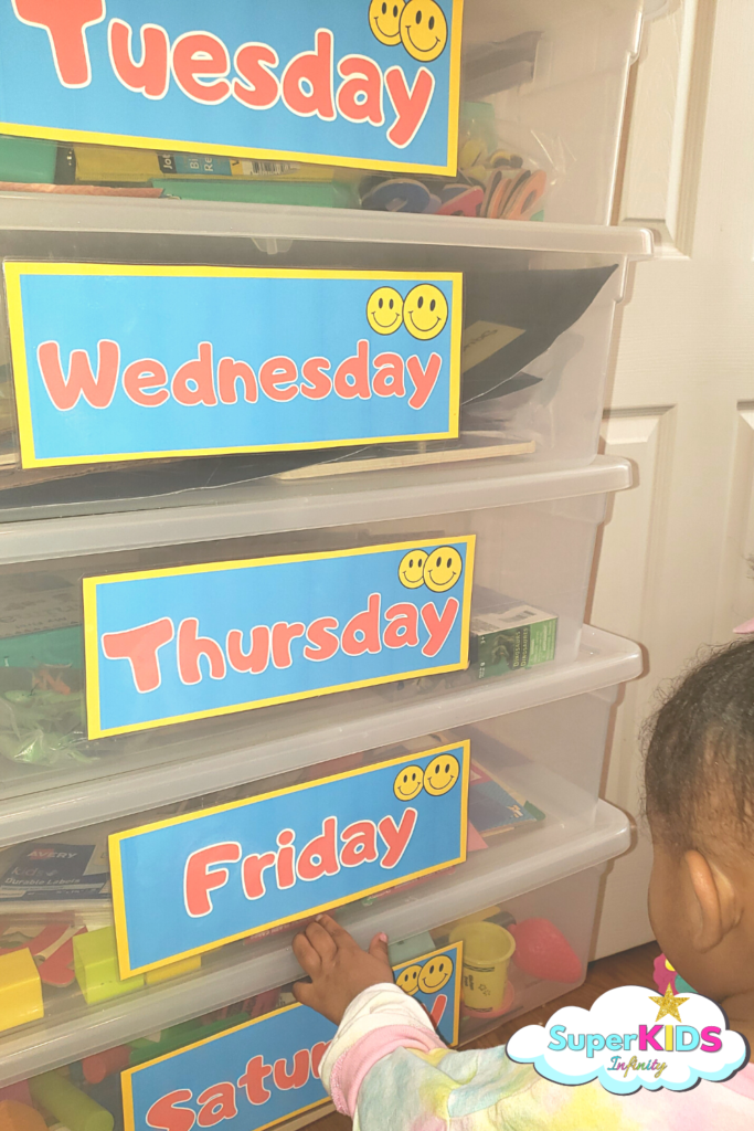 Toddler Learning Bin Labels for Activities in a week. Weekly Learning bin storage Labels.