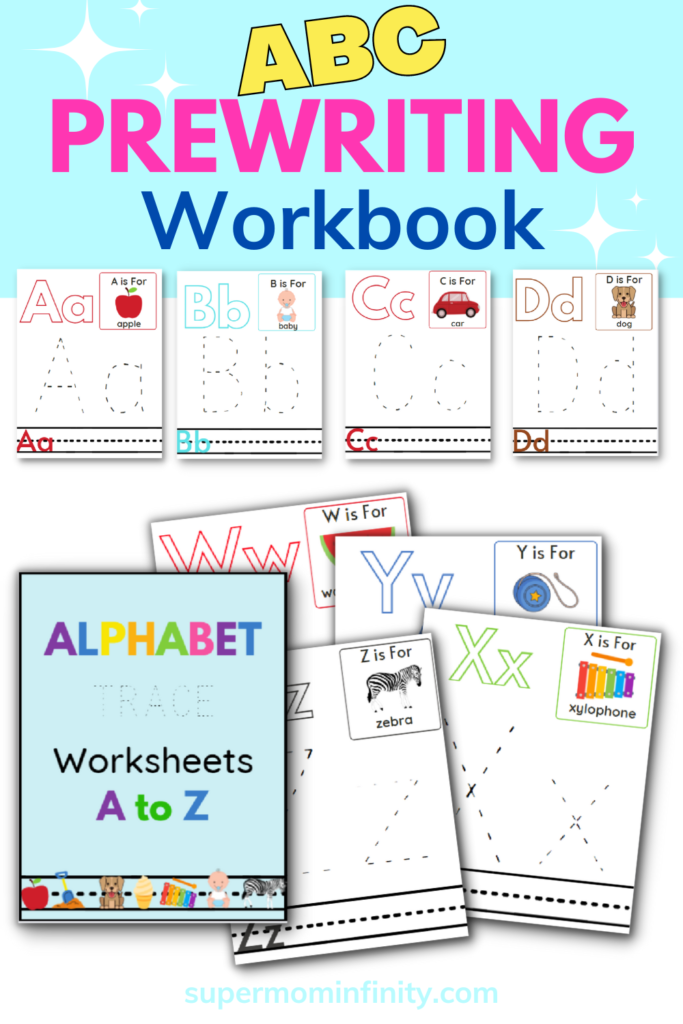 Prewriting ABC workbook with 26 ABC activity Sheets for kids. ABC Printable Workbook for toddlers and preschoolers learning their ABCs at home or in the classroom. Alphabet learning Resource for Educators. 