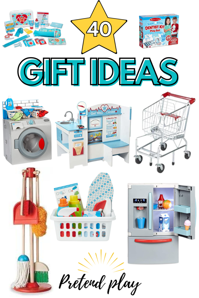 40 Gift Ideas for kids to play with toys on all occasions throughout the year. Pretend play toy is the best choice of toy for kids. This Pretend Play Gift Idea List targets developmental learning for early learners. 